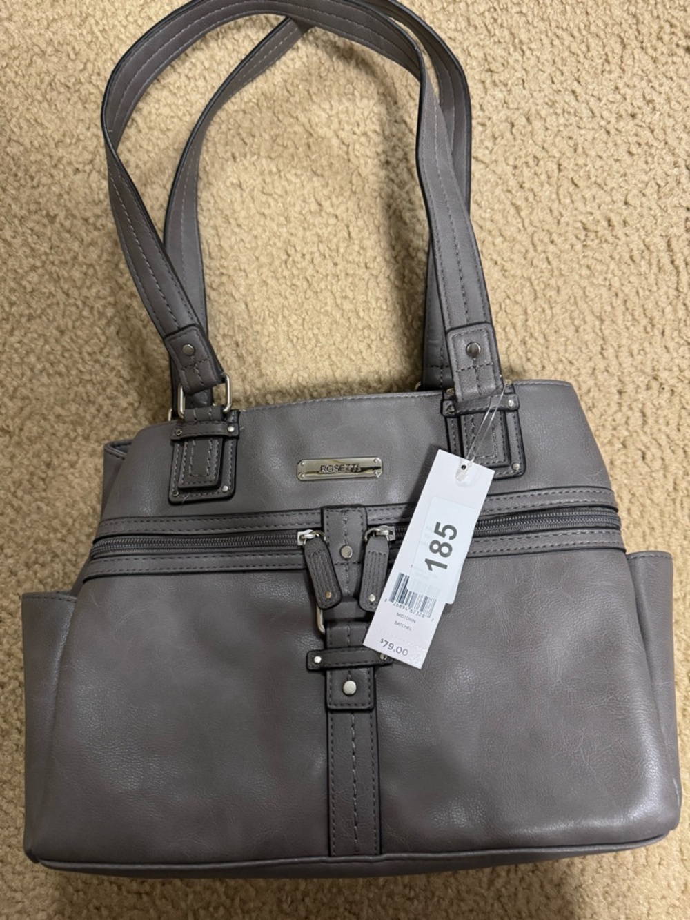 Rosetti Gray Shoulder Tote with Front Zip & Buckle Detail